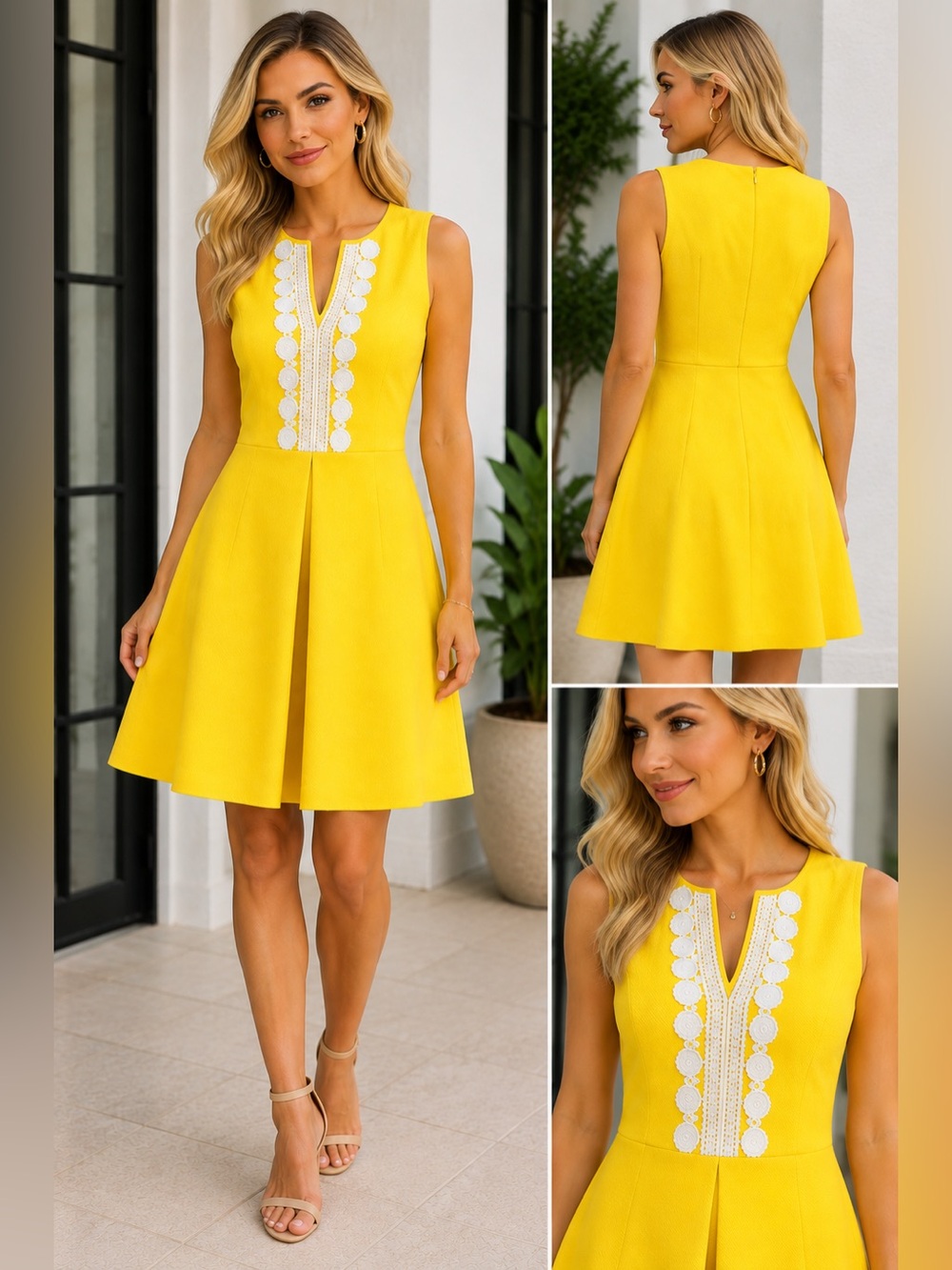 Vince Camuto Yellow Sleeveless Fit-and-Flare Dress with White Lace Trim Size 10